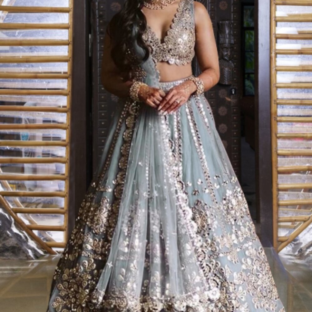 Dusty Blue/ Grey Embroidered Net Lehenga set